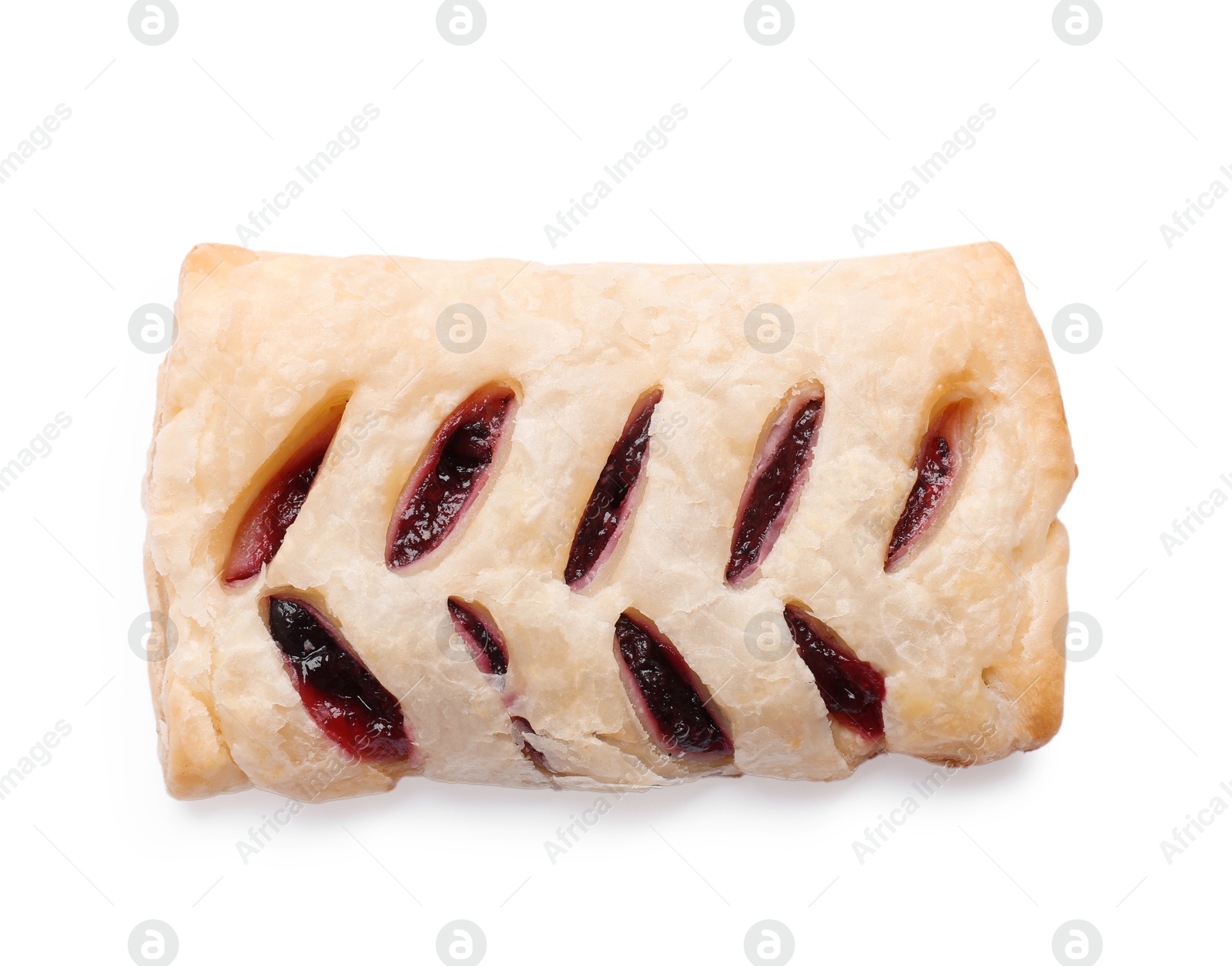 Photo of One delicious puff pastry with fruit filling isolated on white, top view