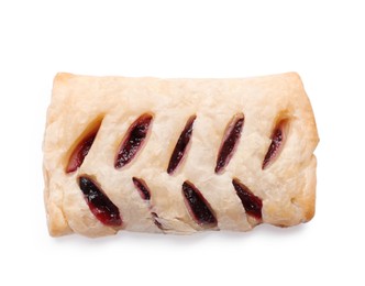 Photo of One delicious puff pastry with fruit filling isolated on white, top view