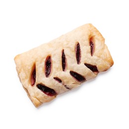 Photo of One delicious puff pastry with fruit filling isolated on white, top view