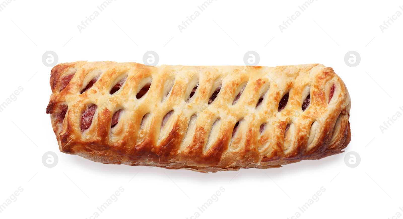 Photo of One delicious puff pastry with fruit filling isolated on white, top view