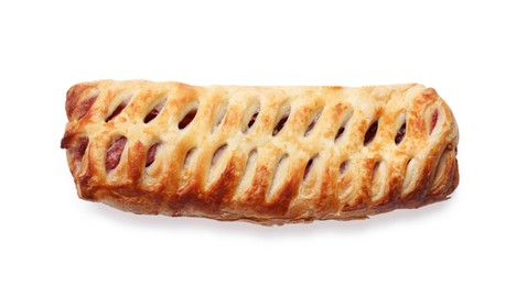 Photo of One delicious puff pastry with fruit filling isolated on white, top view