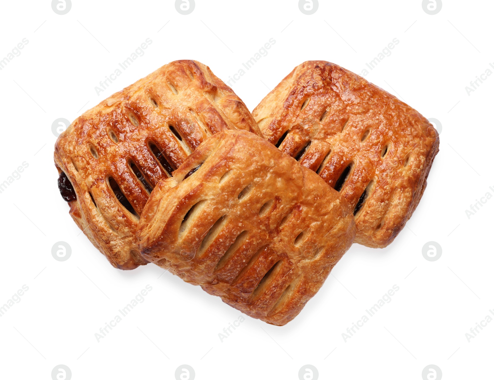 Photo of Delicious puff pastries with fruit filling isolated on white, top view