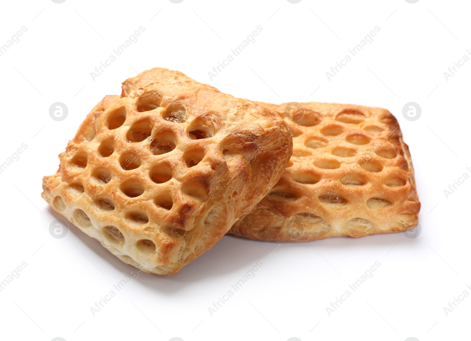 Photo of Delicious puff pastries with fruit filling isolated on white