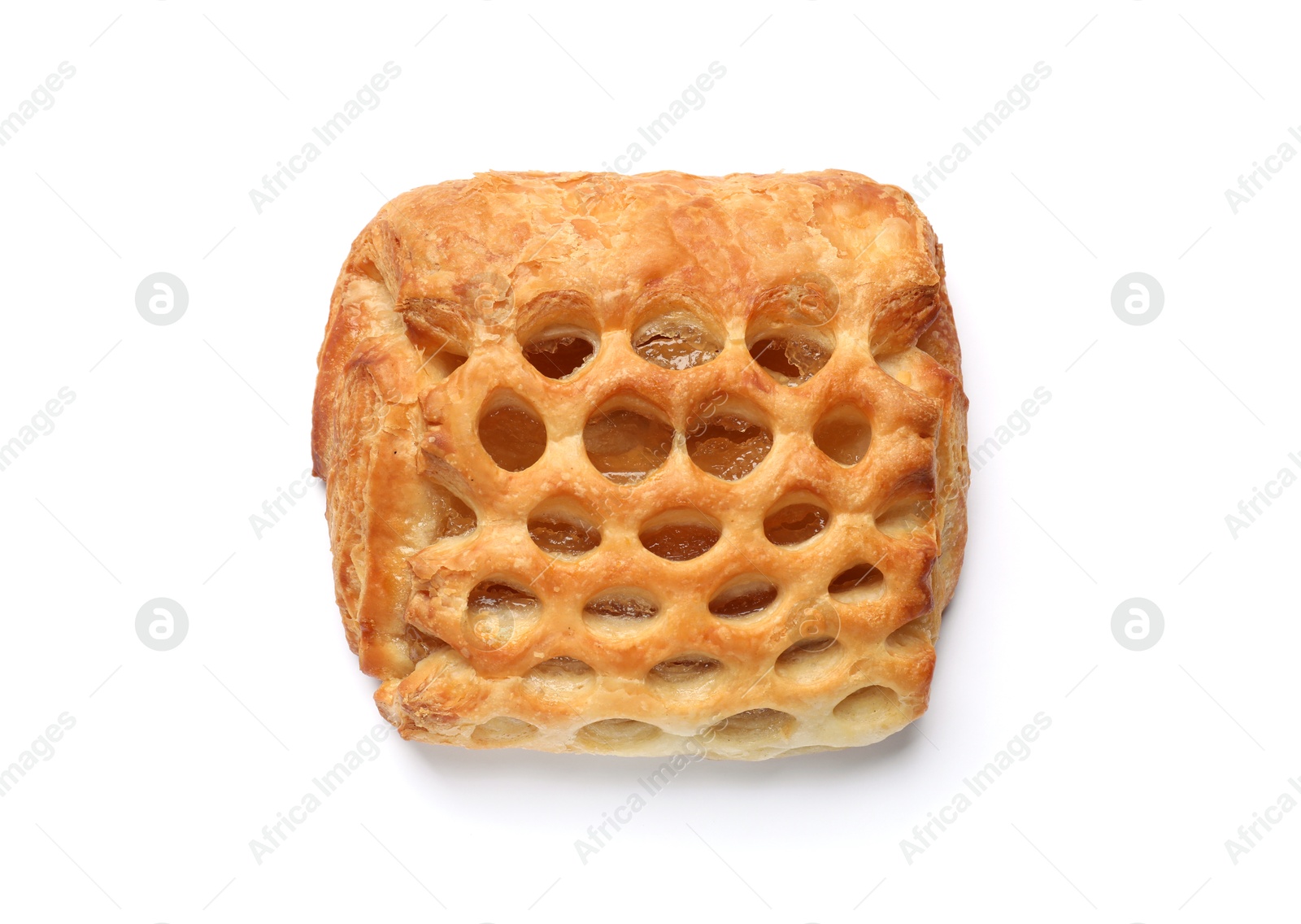 Photo of One delicious puff pastry with fruit filling isolated on white, top view