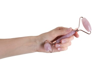 Photo of Woman holding face roller on white background, closeup