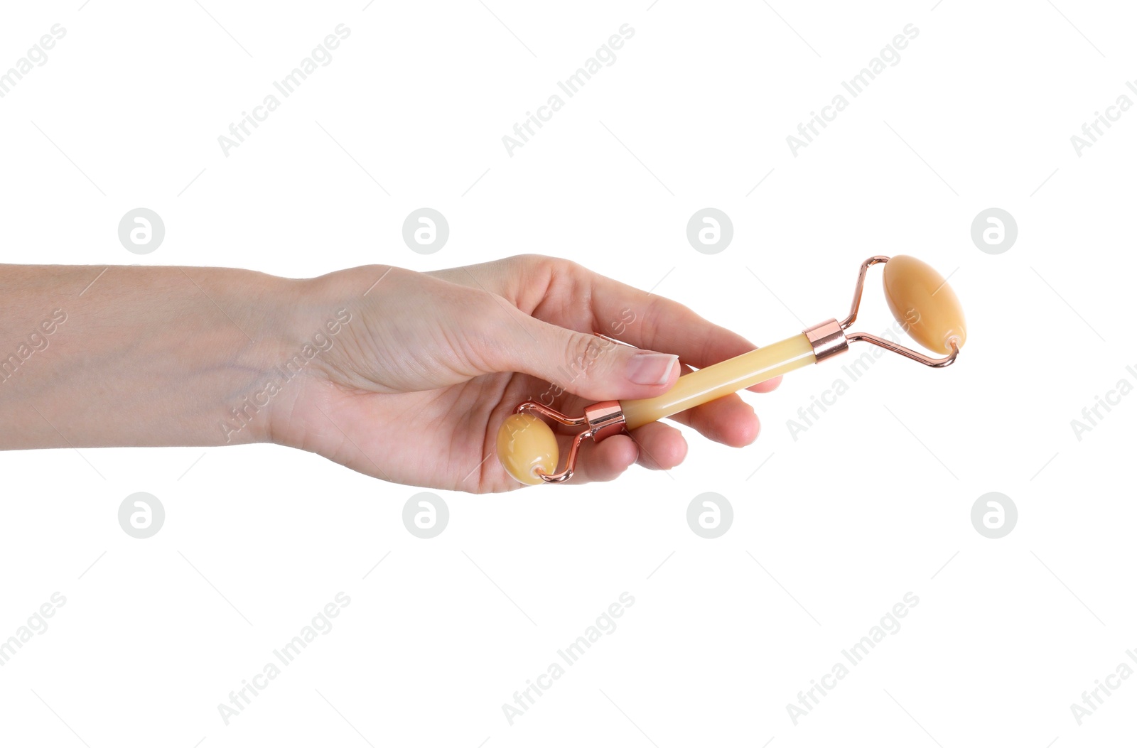 Photo of Woman holding face roller on white background, closeup