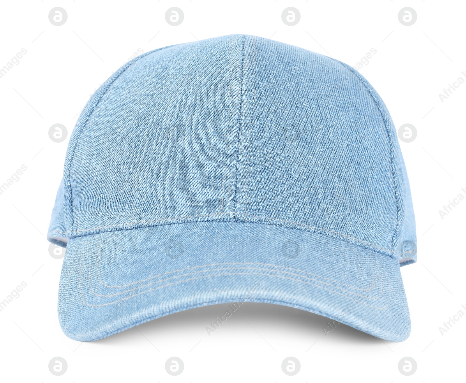 Photo of Stylish denim baseball cap isolated on white. Mockup for design