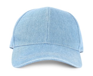 Photo of Stylish denim baseball cap isolated on white. Mockup for design