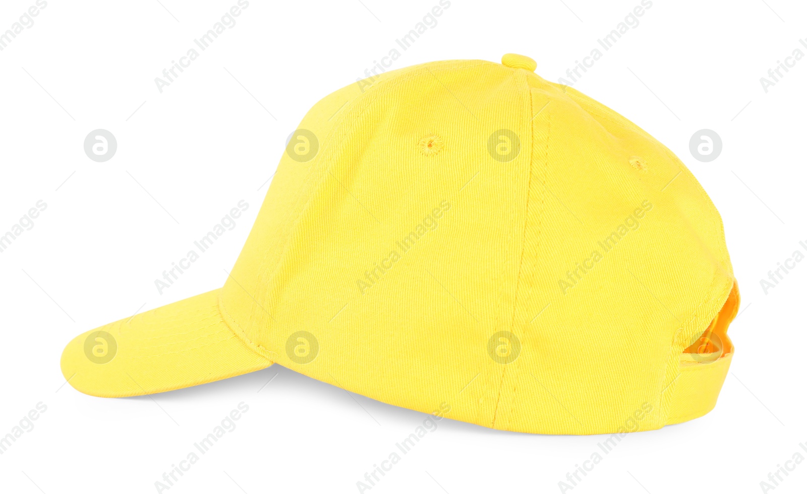 Photo of Stylish yellow baseball cap isolated on white. Mockup for design