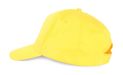 Photo of Stylish yellow baseball cap isolated on white. Mockup for design