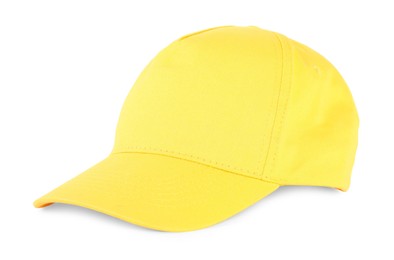 Photo of Stylish yellow baseball cap isolated on white. Mockup for design