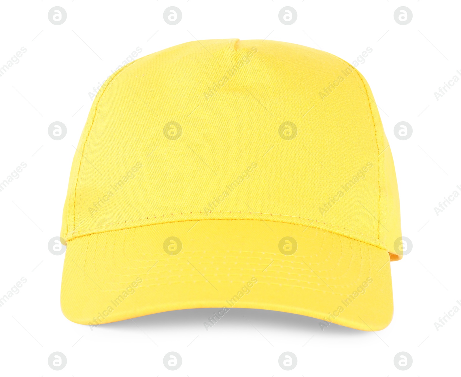 Photo of Stylish yellow baseball cap isolated on white. Mockup for design