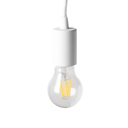 Photo of One light bulb hanging isolated on white