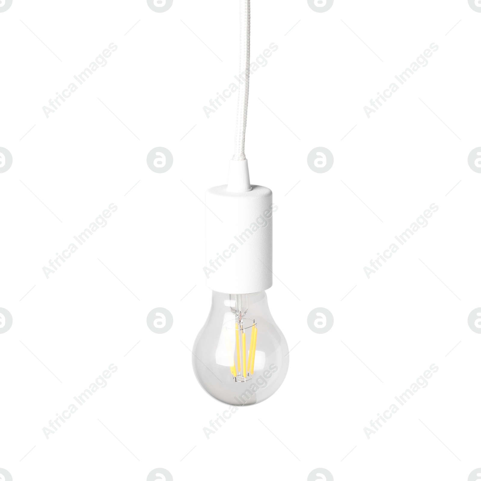 Photo of One light bulb hanging isolated on white