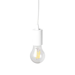 Photo of One light bulb hanging isolated on white