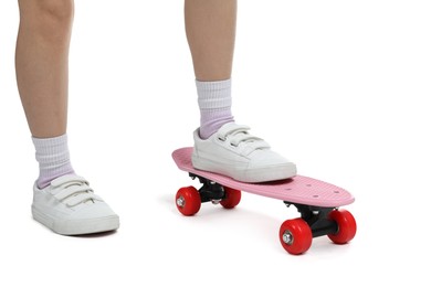 Photo of Girl with penny board on white background, closeup