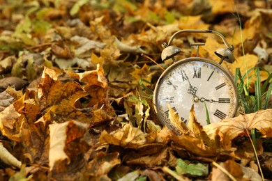 Photo of Autumn time. Vintage clock on fallen leaves in park, closeup with space for text