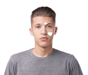 Man suffering from sinusitis on white background. Illustration on his face showing disease