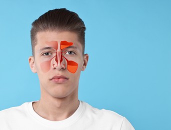 Image of Man suffering from sinusitis on light blue background, space for text. Illustration on his face showing disease