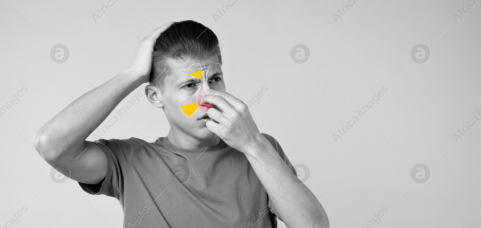 Image of Man suffering from sinusitis, black and white effect. Illustration on his face showing disease. Banner design with space for text