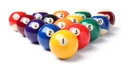 Photo of Set of billiard balls on white background