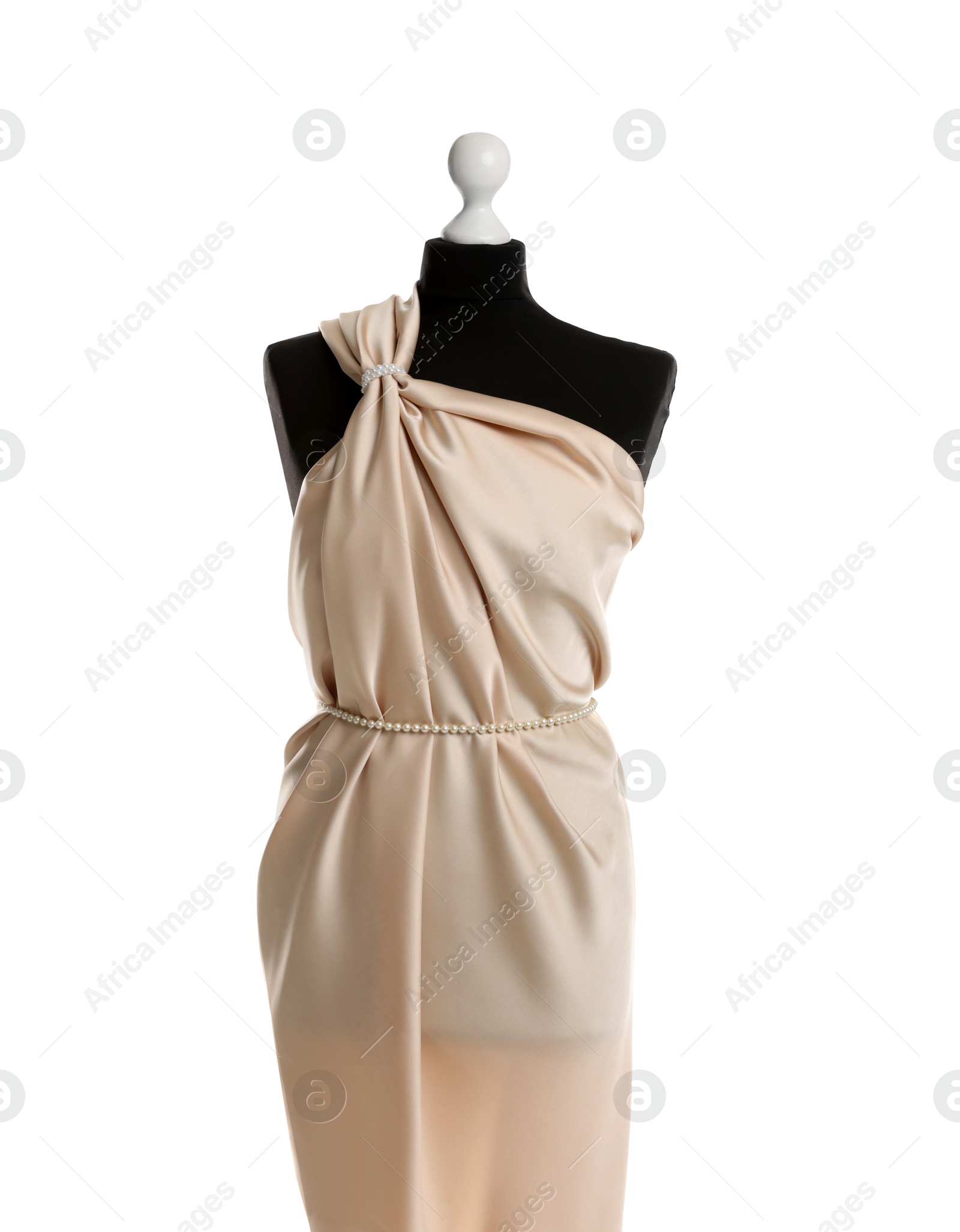 Photo of Draping beige fabric on female mannequin against white background