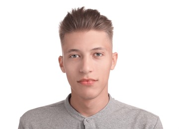 Photo of Handsome young man with stylish haircut on white background