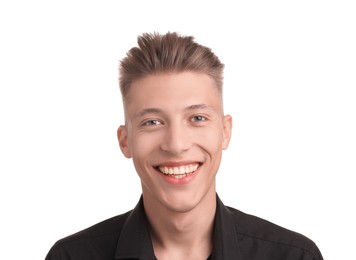 Photo of Smiling young man with stylish haircut on white background