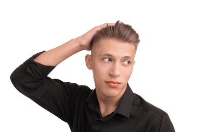 Photo of Confident young man with stylish haircut on white background