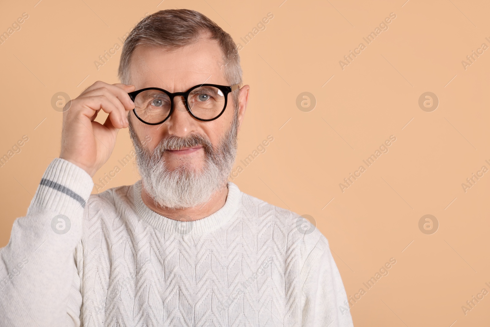 Photo of Portrait of senior man in glasses on beige background, space for text