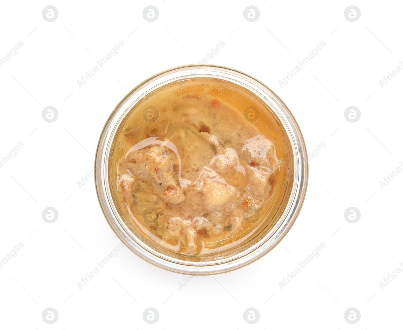 Photo of Canned meat in glass jar isolated on white, top view