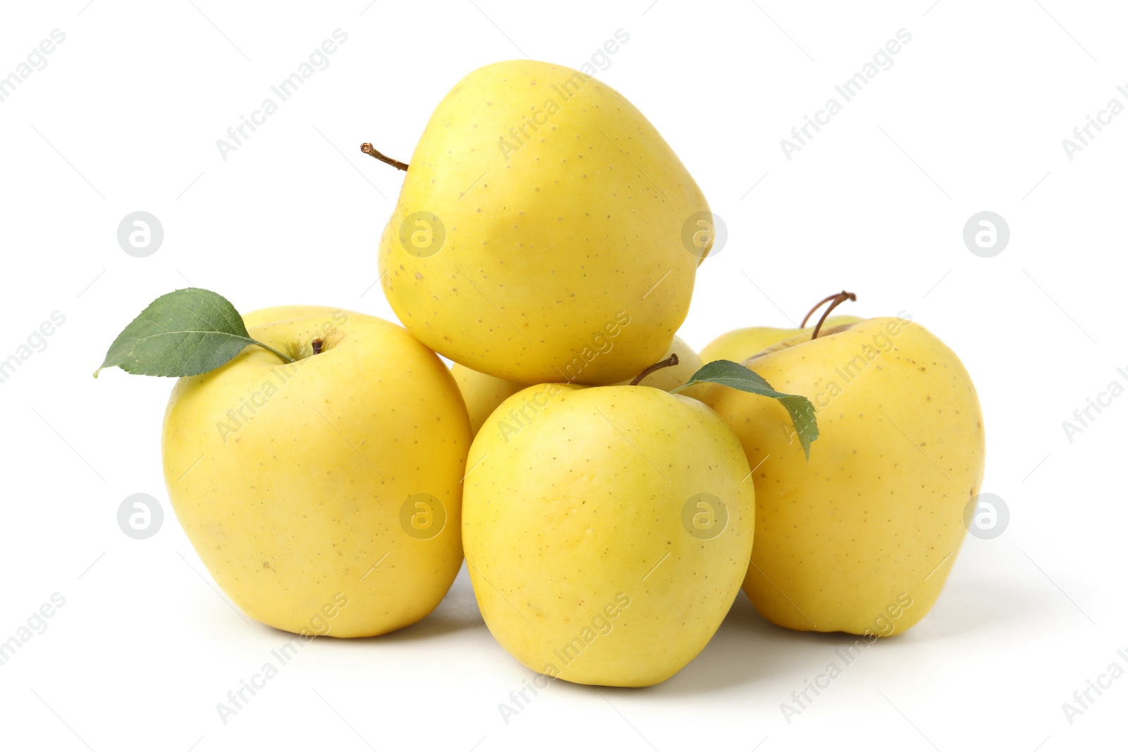 Photo of Many fresh yellow apples isolated on white