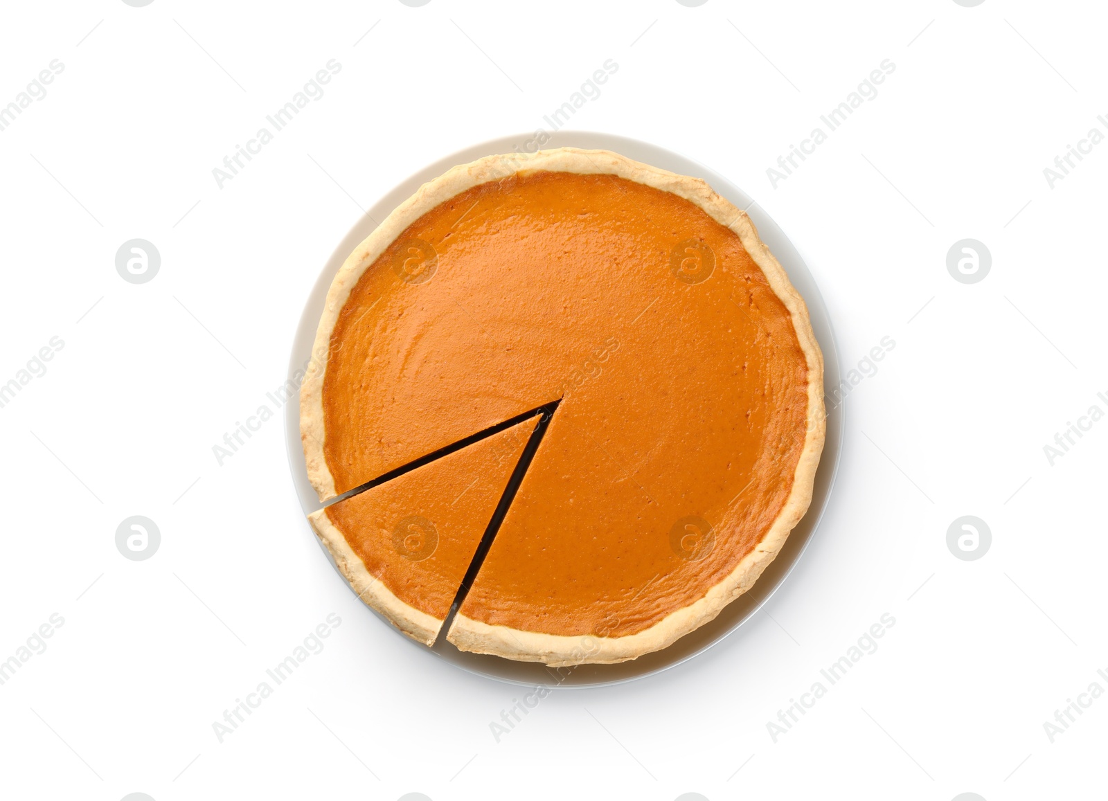 Photo of Tasty homemade pumpkin pie isolated on white, top view