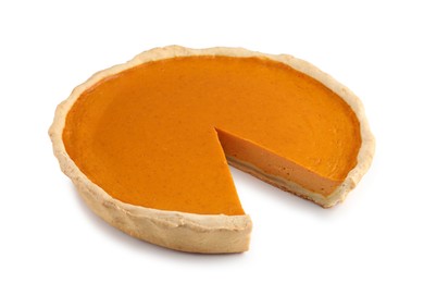 Photo of Tasty homemade pumpkin pie isolated on white