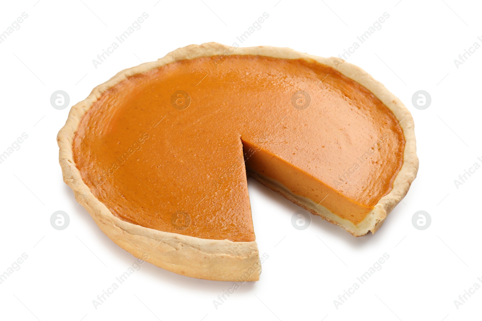 Photo of Tasty homemade pumpkin pie isolated on white