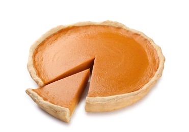 Photo of Tasty homemade pumpkin pie isolated on white