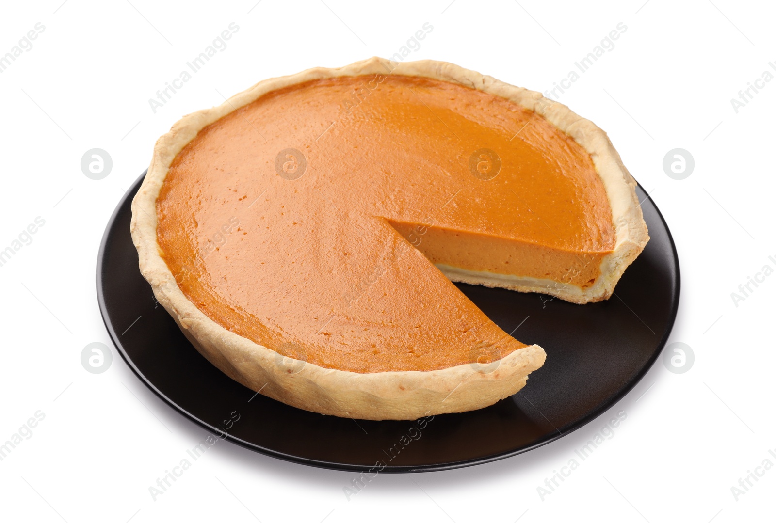 Photo of Tasty homemade pumpkin pie isolated on white