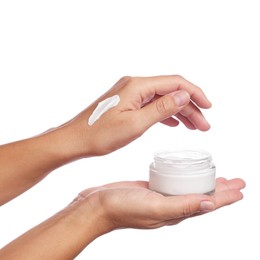 Photo of Woman with jar of cream on white background, closeup