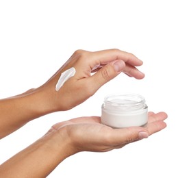 Photo of Woman with jar of cream on white background, closeup