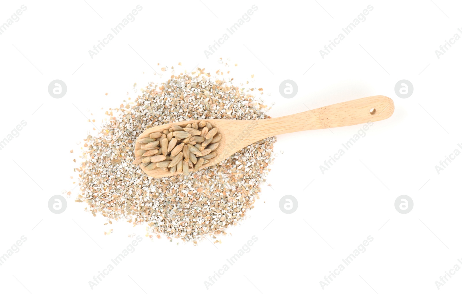 Photo of Rye bran in wooden spoon isolated on white, top view