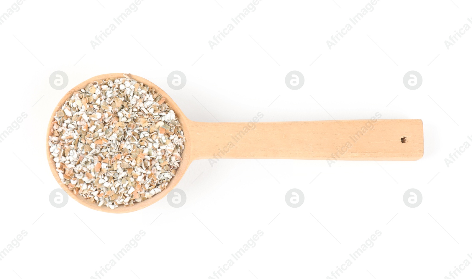 Photo of Rye bran in wooden spoon isolated on white, top view