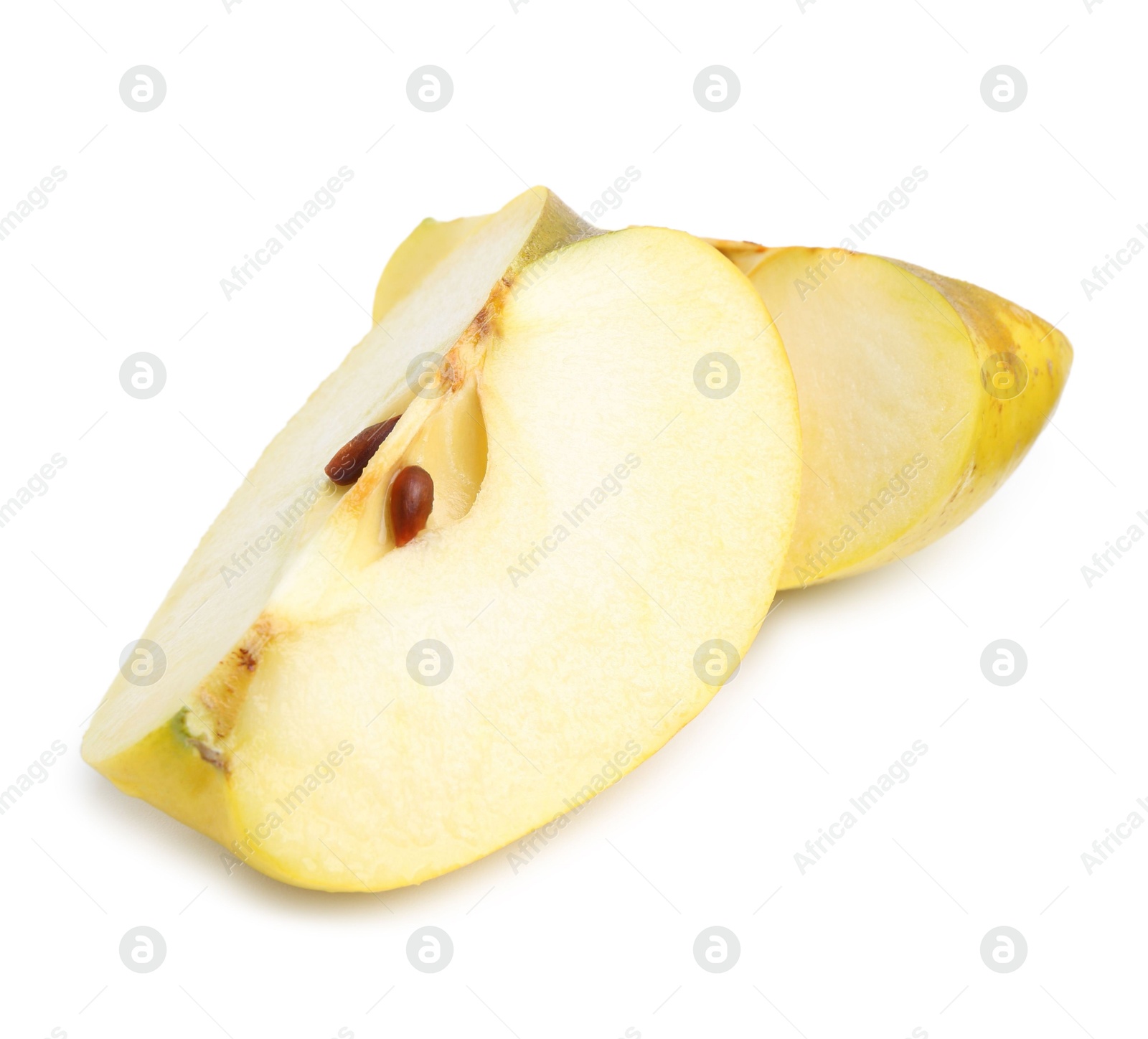 Photo of Pieces of ripe yellow apple isolated on white