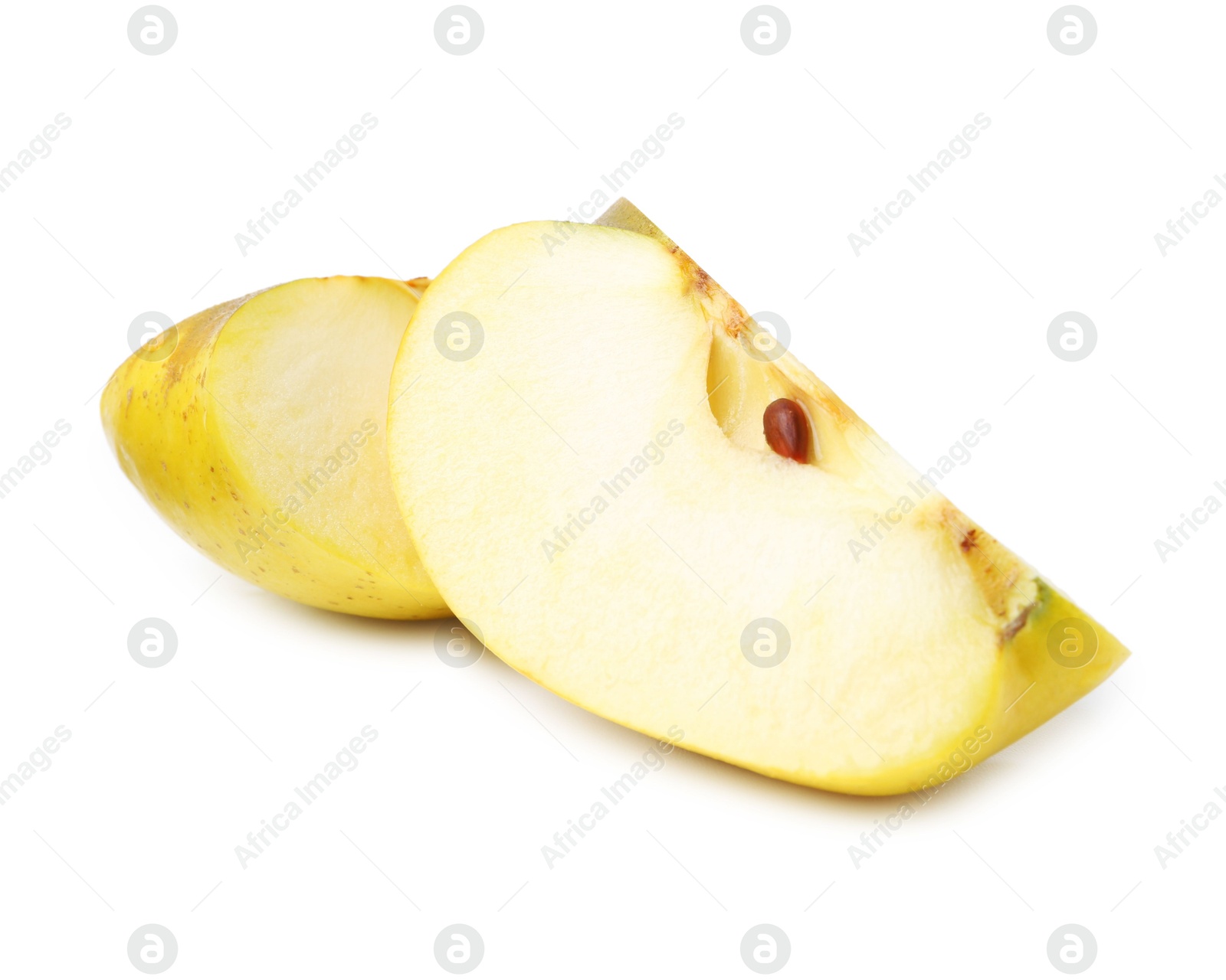 Photo of Pieces of ripe yellow apple isolated on white