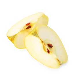 Pieces of ripe yellow apple isolated on white, top view