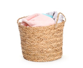 Photo of Wicker basket full of laundry isolated on white