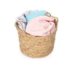 Photo of Wicker basket full of laundry isolated on white