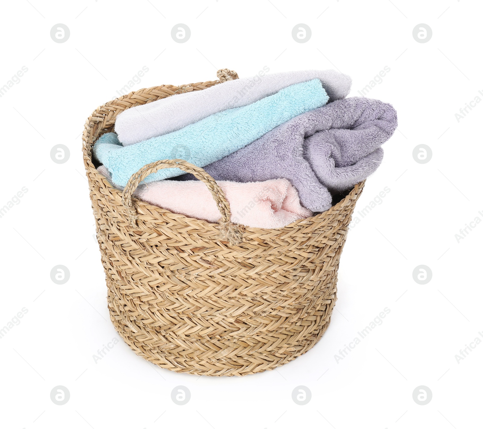 Photo of Wicker basket full of laundry isolated on white