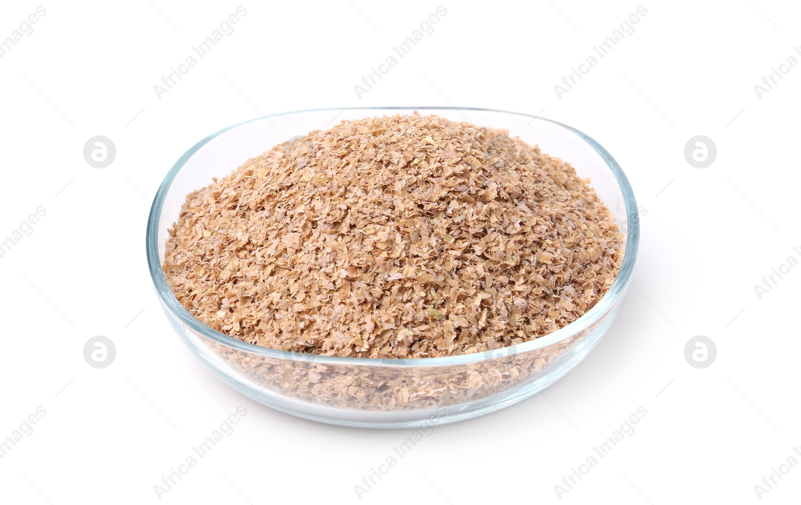 Photo of Buckwheat bran in glass bowl isolated on white