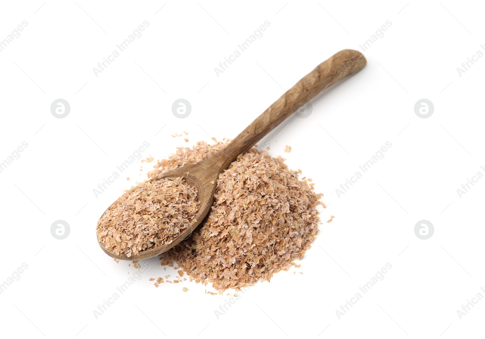 Photo of Buckwheat bran and wooden spoon isolated on white