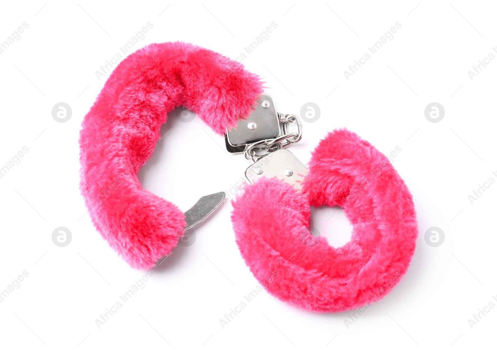 Photo of Bright fluffy handcuffs isolated on white. Sex toy